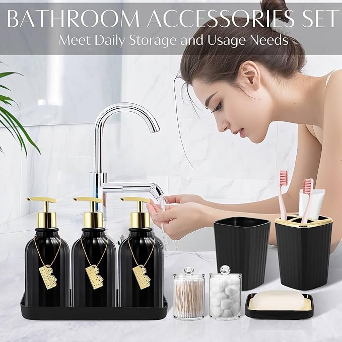 17PCS Bathroom Accessories Bathroom Set Black Bathroom Accessories,Toilet Brush, Trash Can, Qtip Holder Dispenser& 3PCS Soap Dispenser