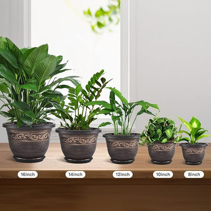 Plastic-Plant-Flower-Planters-14 Inch with Drainage Hole & Saucer, 3 Packs Lightweight Large Resin Flower Pot Indoor Outdoor, Retro Antique Imitation Decorative Garden Containers Sets for Houseplants
