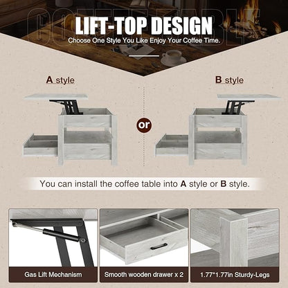 Rolanstar Coffee Table, Lift Top Coffee Table with Drawers and Hidden Compartment, Living Room Table with Wooden Lift Tabletop, for Living Room, Grey