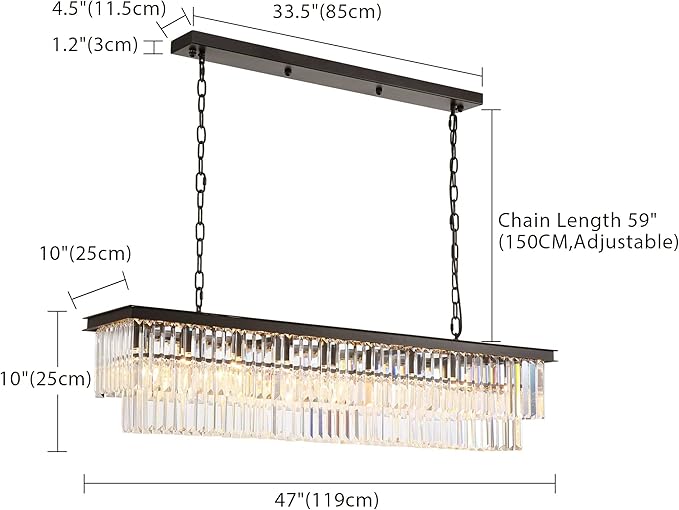 Rectangle Crystal Chandelier Black Modern Linear Chandelier Contemporary Pendant Light Fixture 8-Light Hanging Ceiling Light for Dining Room Living Room Kitchen Bedroom Foyer 47''