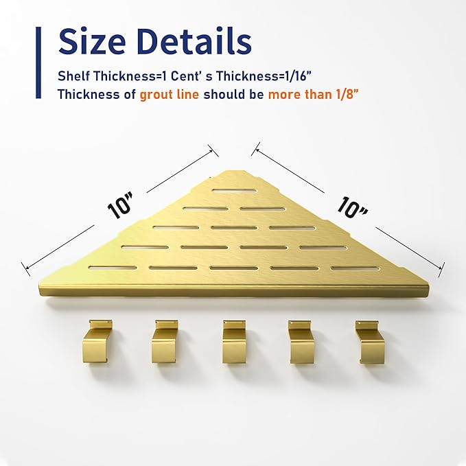 10‘’ Corner Shower Shelf, 304 Stainless Steel Shelves for Bathroom, Grout in Shelf with Hooks for Tiled Wall (Gold)