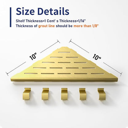 10‘’ Corner Shower Shelf, 304 Stainless Steel Shelves for Bathroom, Grout in Shelf with Hooks for Tiled Wall (Gold)