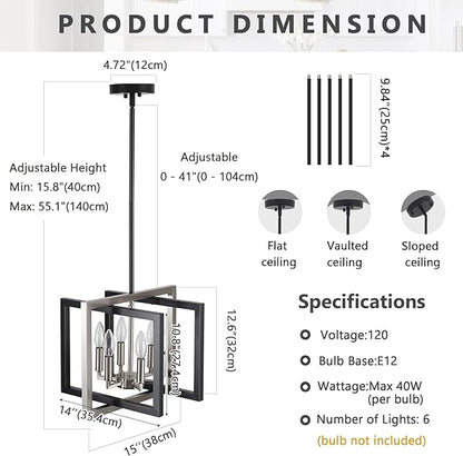 ANKYLHUA Black Nickel Chandelier,6-Lights Ceiling Light Fixture E12,Adjustable Hight Pendant Lights Kitchen Island,Chandeliers for Dining Room Bedroom,Entryway,Foyer