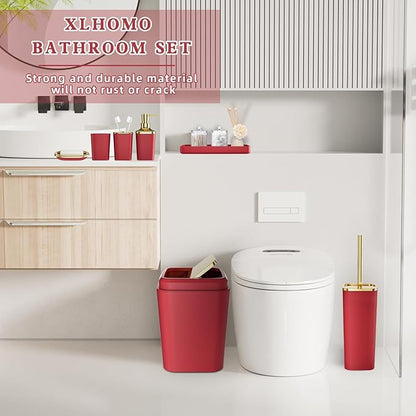 Dark Red Bathroom Accessory Set, 9-Piece Burgundy Bathroom Set with Trash Can, Toothbrush Holder, Toothbrush Cup,Soap Dispenser,Soap Dish,Toilet Brush Holder,2 Qtip Holder Dispensers and Tray