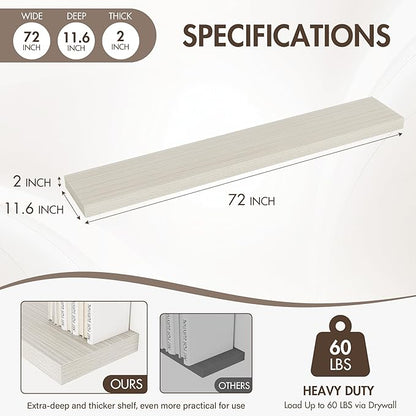 72 Inch Floating Shelves, 12" Deep Floating Shelf Wall Mounted, 72" Wall Shelves, Rustic Deep Bookshelf, Extra Deeper & Thicker Display Shelves for Bedroom, Living Room, Gray, Set of 1