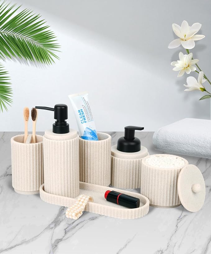 Beige Bathroom Accessory Set - 6 Pcs: Toothbrush Holder, Lotion & Foaming Soap Dispensers, Qtip Holder, Vanity Tray, Bathroom Tumbler - Countertop Organizer