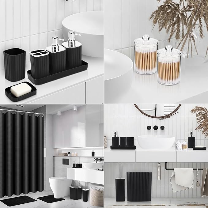 Bathroom Accessories Set - 25PC Black Bathroom Set, Bathroom Set with Shower Curtain and Rugs, Black Shower Curtain Set & Bathroom Rugs