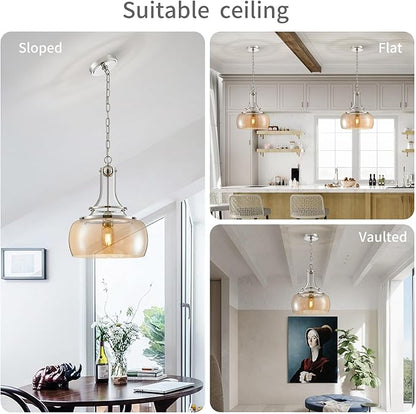 WUZUPS Nickel Chandelier Rustic Farmhouse Industrial Round Ceiling Pendant LED Light Fixture with Amber Glass Shade for Dining Room Kitchen Island Foyer Entryway, H 17" W 13.4", E26 Base
