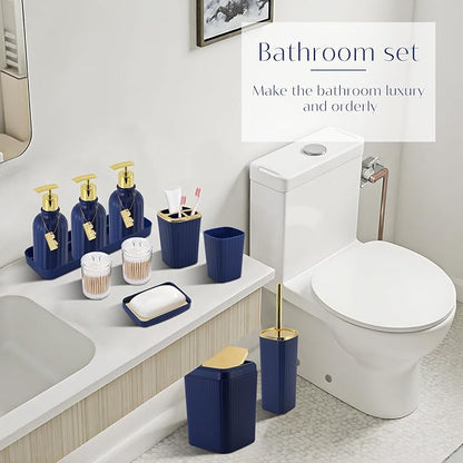17PCS Bathroom Accessory Set Bathroom Set Navy Blue Bathroom Accessories,Toilet Brush, Trash Can, Qtip Holder Dispenser& 3PCS Soap Dispenser