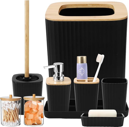 Black Bathroom Accessories Set, 9PCS Bathroom Accessory Set with Trash Can,Tray,Soap Dispenser,Toothbrush Holder,Toothbrush Cup,Soap Dish,Toilet Brush and Q-tip Holders for Housewarming