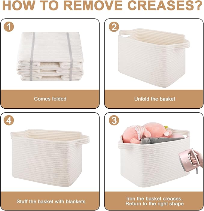 Storage Basket for Organizing, Woven Baskets for Storage, Rectangle Decorative Baskets for Shleves, Closet, Toys, Books, Nursery Organizer Bins - Pack of 3 (White)