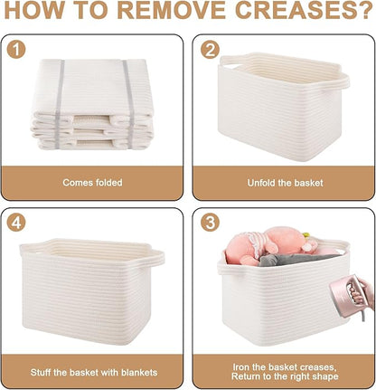 Storage Basket for Organizing, Woven Baskets for Storage, Rectangle Decorative Baskets for Shleves, Closet, Toys, Books, Nursery Organizer Bins - Pack of 3 (White)