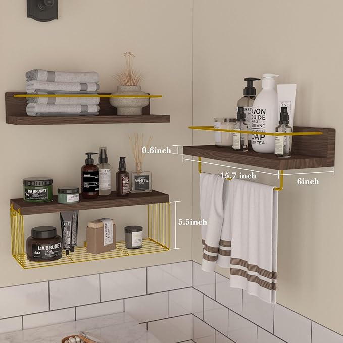 Bathroom Shelves Over Toilet for Wall, Floating Shelves with Storage Basket Paper Holer for Kitchen Living Room, Bedroom & Classroom, Set of 3 (Brown and Gold)