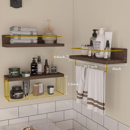 Bathroom Shelves Over Toilet for Wall, Floating Shelves with Storage Basket Paper Holer for Kitchen Living Room, Bedroom & Classroom, Set of 3 (Brown and Gold)