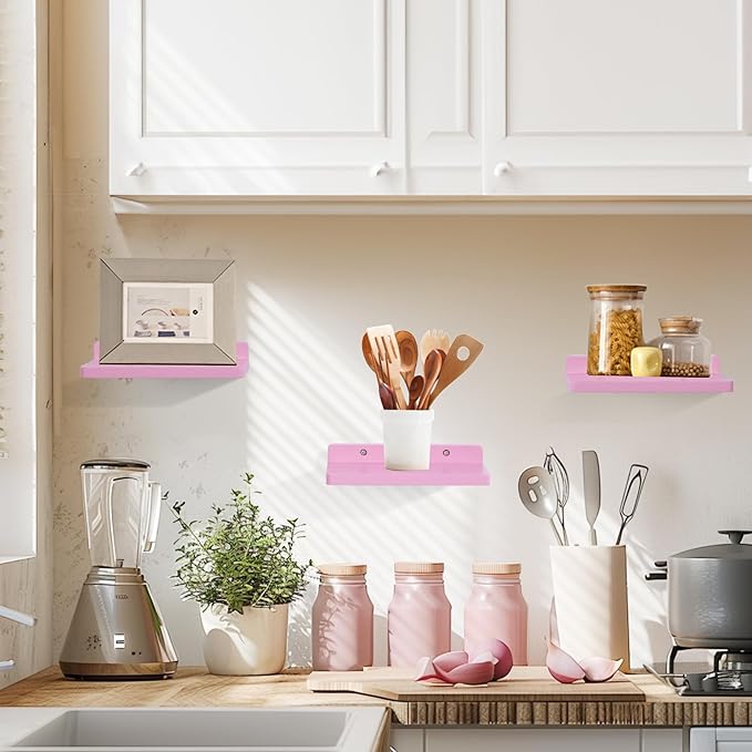 Small Floating Shelf,5 x 8.5 Inch,Set of 3 Small Wall Shelf for Bedroom Living Room Bathroom Kitchen Office (Pink)