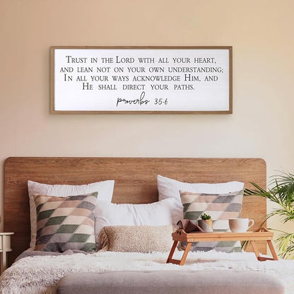 Trust in the Lord With All Thine Heart Wall Decor Art Bible Verse Sign Proverbs 3:5-6 Framed Wood 32X12 Inch For Scripture Christian Hanging (Wood)