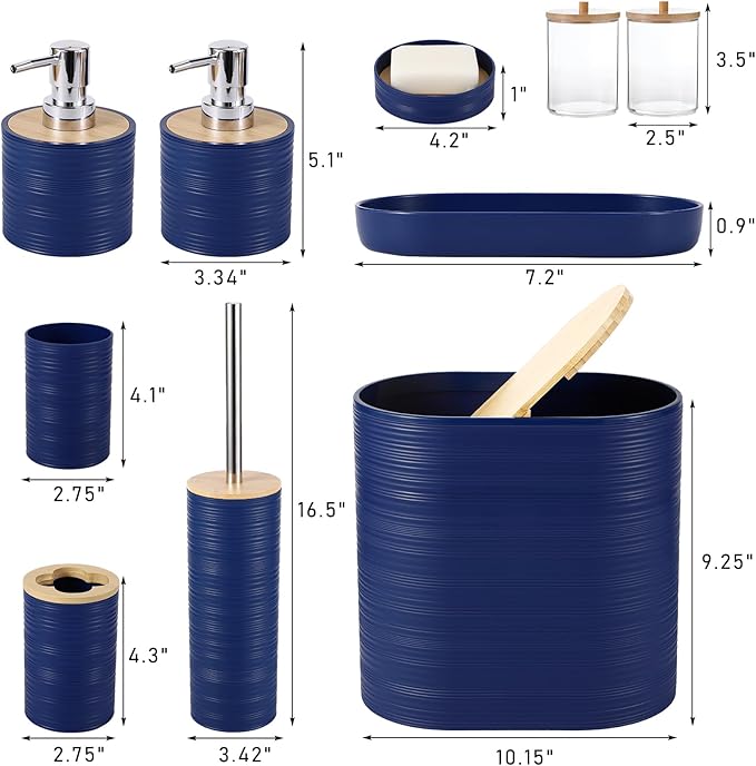 Blue Bathroom Set, Navy Blue Bathroom Accessories Set with Trash Can, 2PCS Soap Dispensers, Soap Dish, Toothbrush Holder, Toothbrush Cup,Toilet Brush, Tray and Qtip Holders for Bathroom Decor