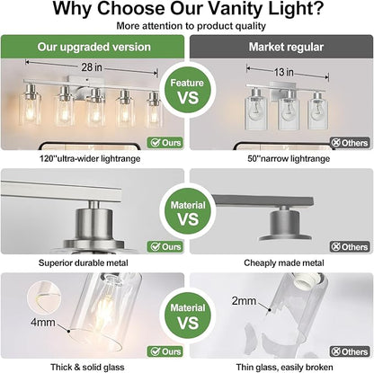 5-Light Bathroom Light Fixtures, Brushed Nickel Bathroom Vanity Light with Clear Glass Shades, Modern Bathroom Wall Lamp for Mirror Living Room Cabinet Bedroom Porch