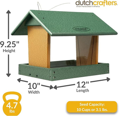 Poly Hanging Hopper Bird Feeder, Large Hanging Bird Feeder for Outside, Outdoors - Amish American Made (Turf Green & Cedar)