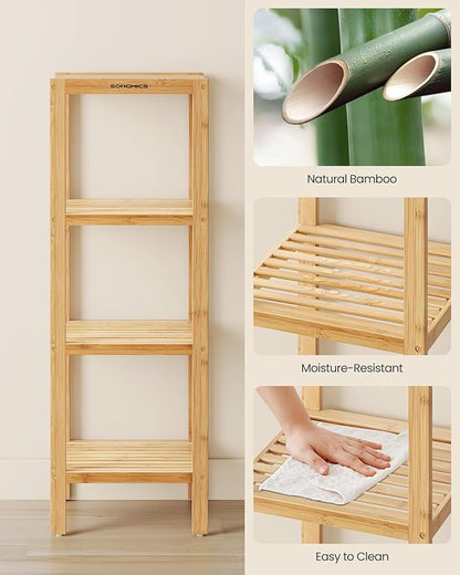 SONGMICS Bamboo Storage Shelf, 4-Tier Shelving Unit, Multifunctional, in the Entryway, Bathroom, Living Room, Balcony, Kitchen, 13 x 13 x 38.6 Inches, Light Bamboo UBCB54Y