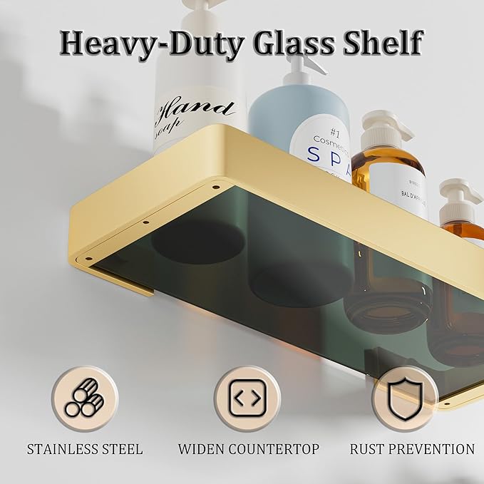 Alise Glass Bathroom Shelf,Gold 11.8 Inch Rectangular Floating Shelves for Bathroom, Showers, Vanities, Kitchens,SUS304 Stainless Steel Glass Shelf for Toilet Room Decoration