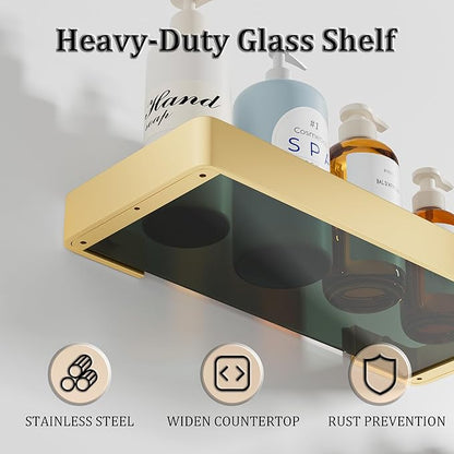 Alise Glass Bathroom Shelf,Gold 11.8 Inch Rectangular Floating Shelves for Bathroom, Showers, Vanities, Kitchens,SUS304 Stainless Steel Glass Shelf for Toilet Room Decoration