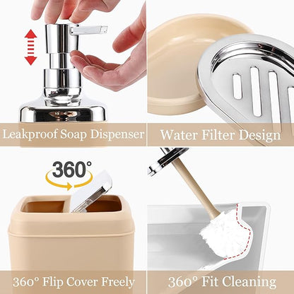 Beige Bathroom Set, Plastic 9-Piece Bathroom Set with Trash Can, Soap Dispenser, Toothbrush Holder, Toothbrush Cup, Soap Dish, Toilet Brush, Tray and Q-tip Holders for Bathroom/Housewarming