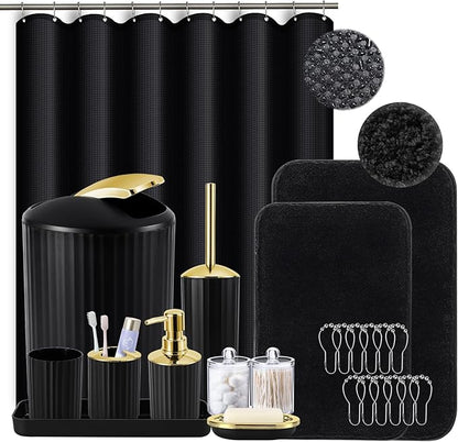 Black and Gold Bathroom Set with Shower Curtain and Rugs, Bathroom Accessories Sets with Extra Soft and Absorbent Bath Rugs Shower Curtain Black Bathroom Sets for Bath