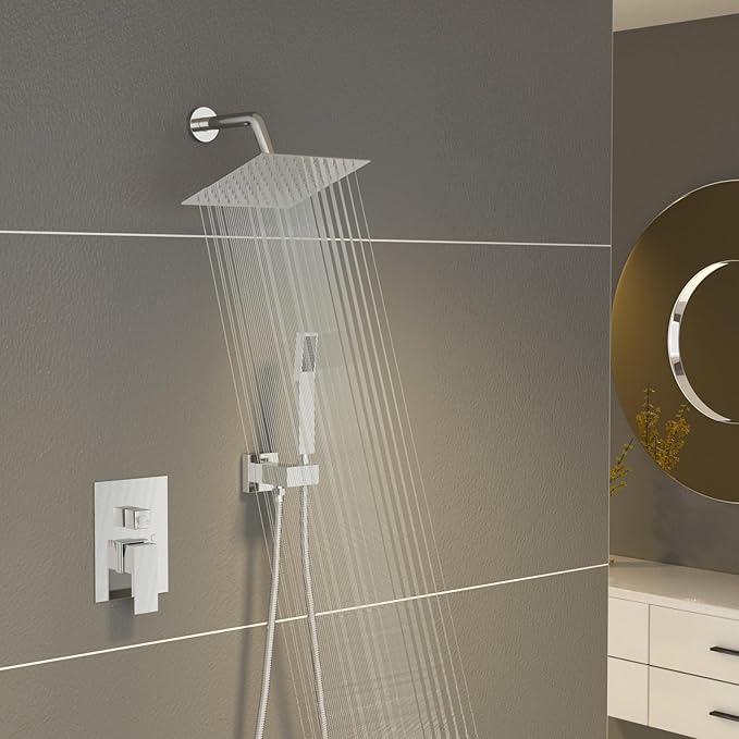 Sarlai Shower Faucet Set Bathroom Square Rainfall Shower Head and Handle Combo Wall Mounted Shower Faucet with Valve 8 Inch Shower Head Trim Systems Chrome