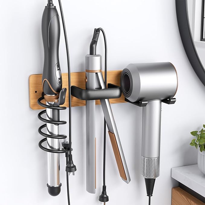Tindbea Hair Dryer Holder Curling Iron Holder Flat Iron, Blow Dryer Holder Wall Mount, 3 in 1 Bathroom Hair Tool Organizer Rack for Universal Dryer, Cherry Matte Black