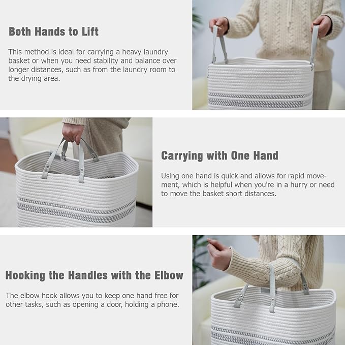 danpinera 75L Woven Laundry Hamper with Long Leather Handles, Baby Laundry Basket for Nursery, Tall Hampers for Bedroom Aesthetic, Decorative Clothes Storage Basket for Family White & Gray