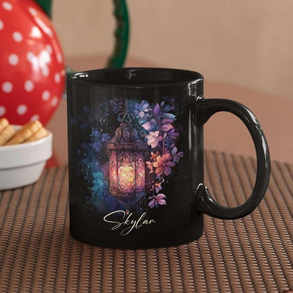 Custom Vintage Lantern With Flowers Coffee Mug, Personalized Name Ceramic Cup 11oz Or 15oz, Glowing Light And Flowers Mug, Customized Enchanted Nature Black Cup, Gift For Friends