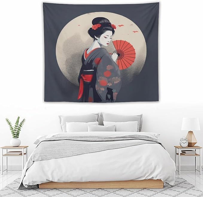 Japanese Woman Geisha Tapestry Asian Red Cherry Blossom Red Sun Traditional Kimono Folk Tapestries Home Decor for Living Room Bedroom Apartment Farmhouse Dorm 60"x50"