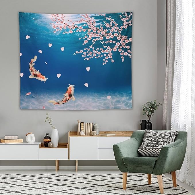 Japanese Koi Fish Tapestry, Cherry Blossoms Asian Oriental Blue Floral Branch Koi Fish Carp Tapestries Wall Hanging for Bedroom Living Room Office Decor 60"x50"