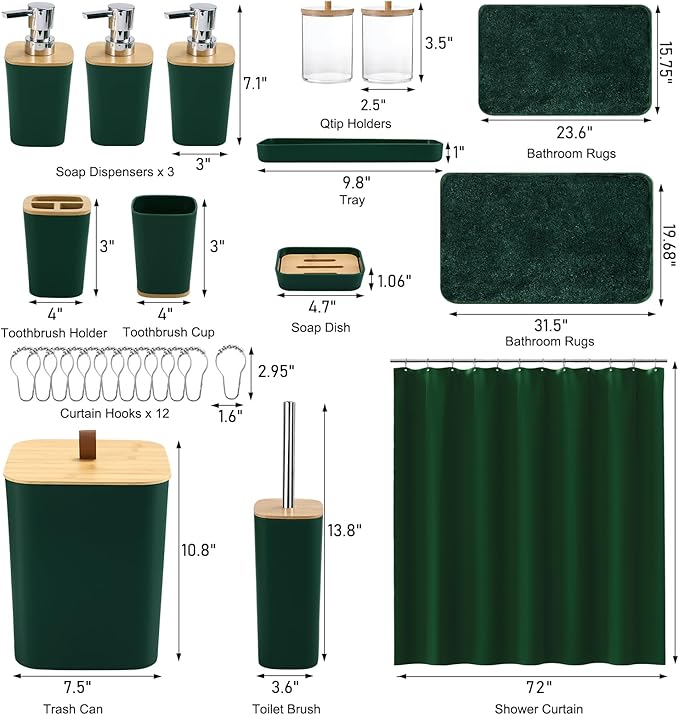 Bathroom Sets with Shower Curtain and Rugs, 27PCS Dark Green Bathroom Accessories Set with Trash Can, Green Shower Curtain Set, No Slip Super Absorbent Bathroom Rugs