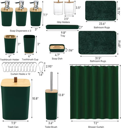 Bathroom Sets with Shower Curtain and Rugs, 27PCS Dark Green Bathroom Accessories Set with Trash Can, Green Shower Curtain Set, No Slip Super Absorbent Bathroom Rugs