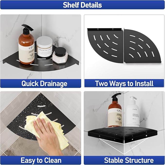 2 Pack Corner Shower Shelves Load Capacity 40 lbs 304 Stainless Steel Shower Corner Shelf Will not Rust 8in Shower Shelf for Inside Shower Matte Black Drilling Installation