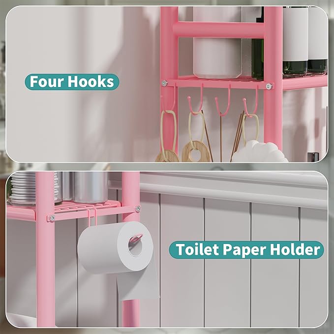 3-Tier Over The Toilet Storage with Paper Holder, Metal Bathroom Organizers and Storage for Small Space, Freestanding Bathroom Shelves with 4 Hooks, Above The Toilet Storage Shelf, Pink