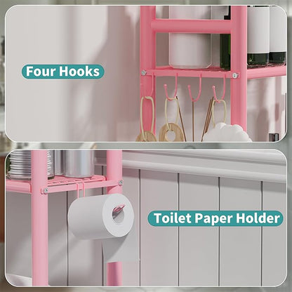 3-Tier Over The Toilet Storage with Paper Holder, Metal Bathroom Organizers and Storage for Small Space, Freestanding Bathroom Shelves with 4 Hooks, Above The Toilet Storage Shelf, Pink