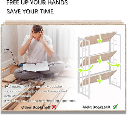 4NM No Assembly 3 Tiers Folding Bookshelf, 35" H Foldable Storage Shelves Vintage Bookcase Standing Racks Study Organizer Home Office - Natural White