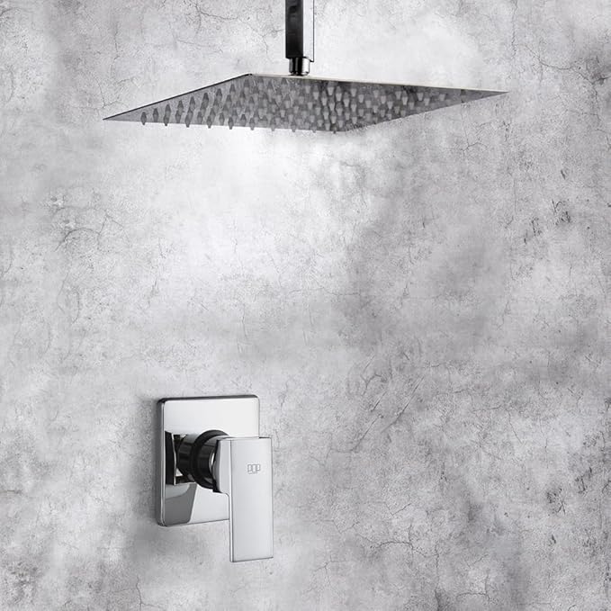 POP SANITARYWARE Single Function Shower Trim Kit with Rough-in Valve, Bathroom Rain Shower Set Bath Rainfall Shower Faucet System with Square Stainless Steel Metal Showerhead, Polished Chrome