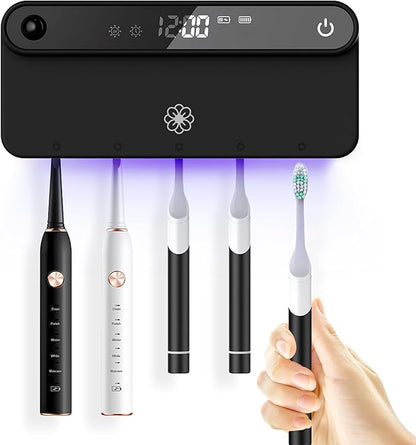 Bloom Wall Toothbrush Holder for Bathrooms, Toothbrush Sanitizer, Strong 3M Adhesive, Time Display, Long-Lasting Charge, 5 Slots for Any Size Toothbrush, Black