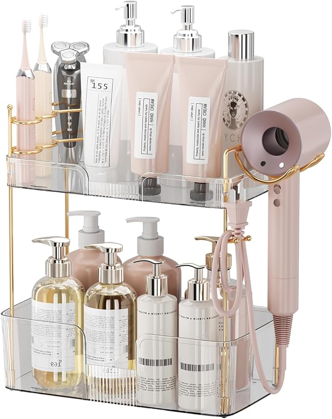 Bathroom Counter Organizer with Hair Dryer Holder, Hair Tool Countertop Storage, Cosmetics Skincare Shelf Organizer, Makeup Organizer Perfume for Dresser Vanity Tray(2 Tier-White)