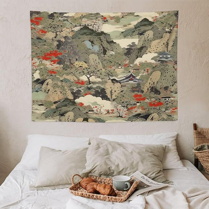 Asian Tapestry, Japanese Red Landscape, Bedroom & Living Room Decor, 40"x30"