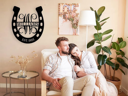 Personalized Horseshoe Metal Sign with Initial and Family Name, Custom Monogram Horseshoe Metal Sign, Horseshoe Metal Wall Art Last Name Sign Equestrian Horse Lover Gift Horseshoe Living Room Decor