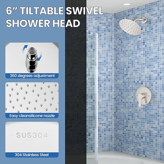 Airuida Shower Faucet Set,Single Function Shower Trim Kit,Wall Mount 6 Inch Round Rainfall Shower Head and Handle Set,Single Handle Shower System Set Male Threads Rough-in Valve Chrome Polish