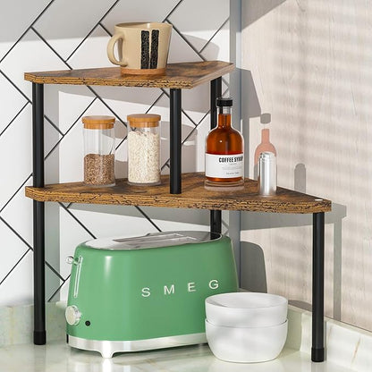 Weenson Kitchen Countertop Organizer Spice Rack for Salt, Bathroom Counter Organizer Over Sink for Toiletries, Makeup, 2-Tier Corner Counter Shelf for Coffee Area Storage Dresser Table(Rust Brown)