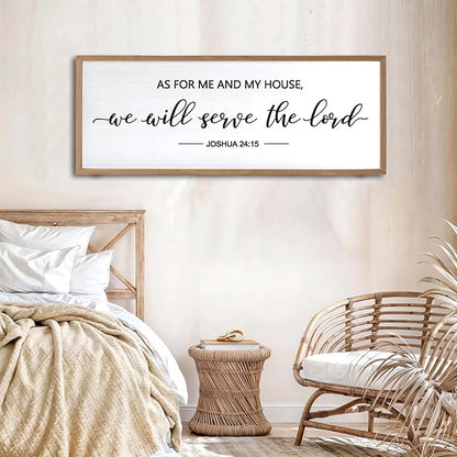 As For Me And My House We Will Serve The Lord Framed Wall Art, 32''×12'' Horizontal Positive Religious Rustic Bible Verse, Vintage Holy Catholic Scripture Decor for Christian God Jesus Christ Prayer