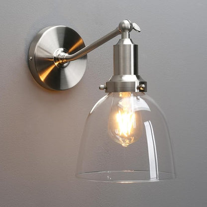 PERMO Industrial Vintage Slope Pole Wall Mount Single Sconce with 6.7" Oval Dome Clear Glass Shade Wall Sconce Light Lamp Fixture (Brushed Nickel)