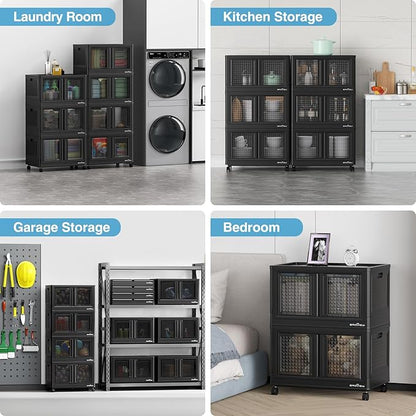 400Qt Stackable Storage Bins with Lids, 100Gal Closet Organizers and Storage Drawer, Plastic Collapsible Storage Bins with Doors, Heavy Duty Store Box Cabinet for Home Kitchen, 4Pack Black